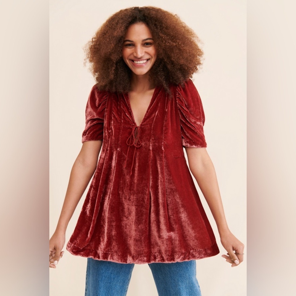 Free People Velvet Tunic Top in Deep Red